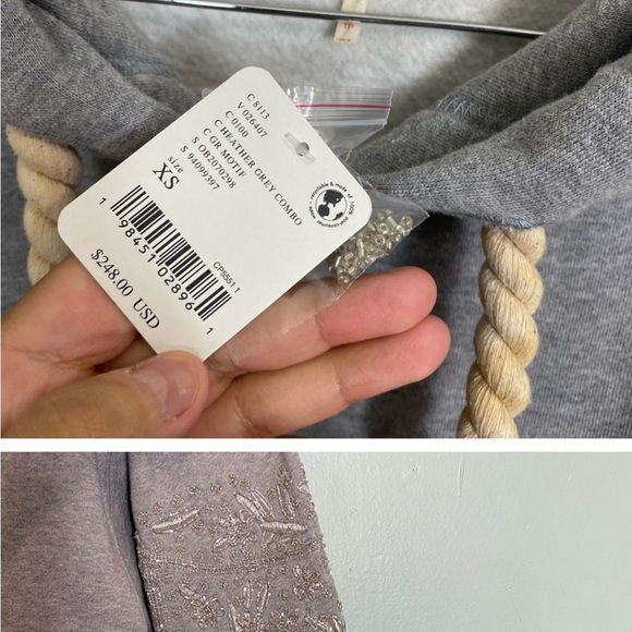 Free People Gray hoodie sweatshirt Jacket with SIVLER embellished em Sleeves - Picture 10 of 10